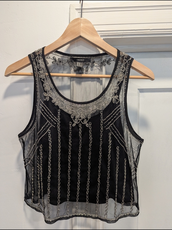 Forever 21 Tops - Forever 21 Black Mesh Tank with Silver Beaded Embroidery